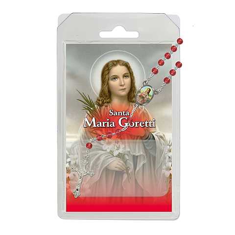 Rosario di Santa Maria Goretti in semicristallo rosso, in blister trasparente con preghiera in italiano