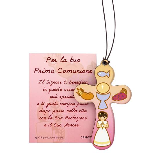 Croce eucaristia per bambina con laccio e  preghiera in italiano