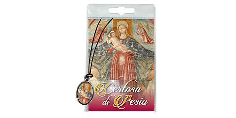 Medaglia Madonna della Certosa di Pesio con laccio e preghiera in italiano