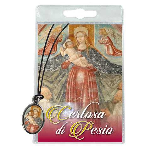 Medaglia Madonna della Certosa di Pesio con laccio e preghiera in italiano