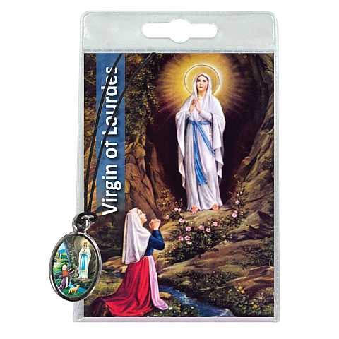 Medaglia Madonna di Lourdes con laccio e preghiera in inglese