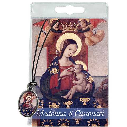Medaglia Madonna di Custonaci con laccio e preghiera in italiano