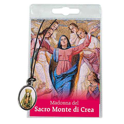 Medaglia Madonna del Sacro Monte di Crea con laccio e preghiera in italiano