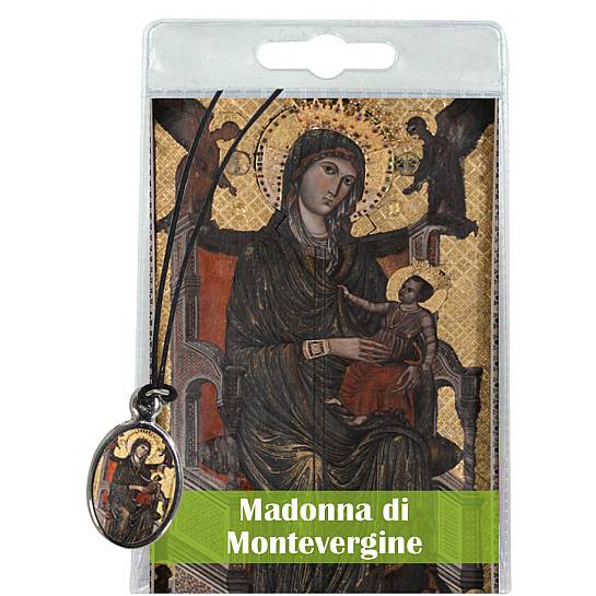 Medaglia Madonna di Montevergine con laccio e preghiera in italiano