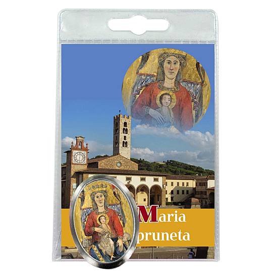Calamita Madonna dell'Impruneta in metallo nichelato con preghiera in italiano