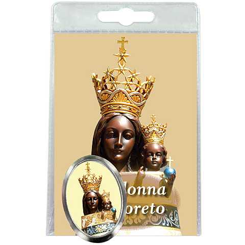 Calamita Madonna di Loreto in metallo nichelato con preghiera in italiano