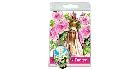 Calamita Madonna di Fatima in metallo nichelato con preghiera in inglese