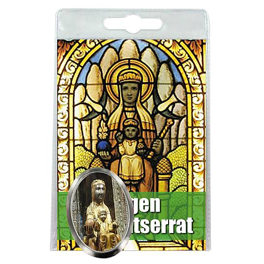 Calamita Madonna di Montserrat in metallo nichelato con preghiera in spagnolo