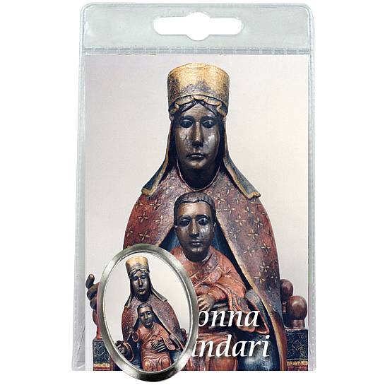 Calamita Madonna di Tindari in metallo nichelato con preghiera in italiano
