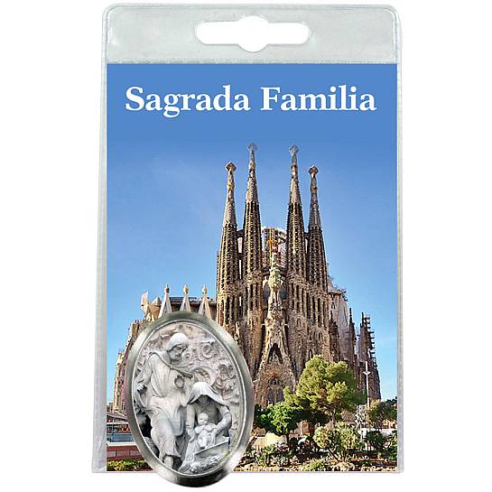 Calamita Sagrada Familia (Barcelona) in metallo nichelato con preghiera in spagnolo