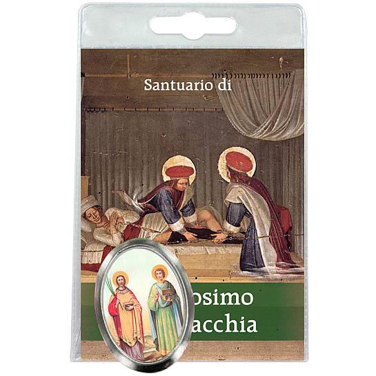 Calamita Santi Cosima e Damiano (ad Oria) in metallo nichelato con preghiera in italiano
