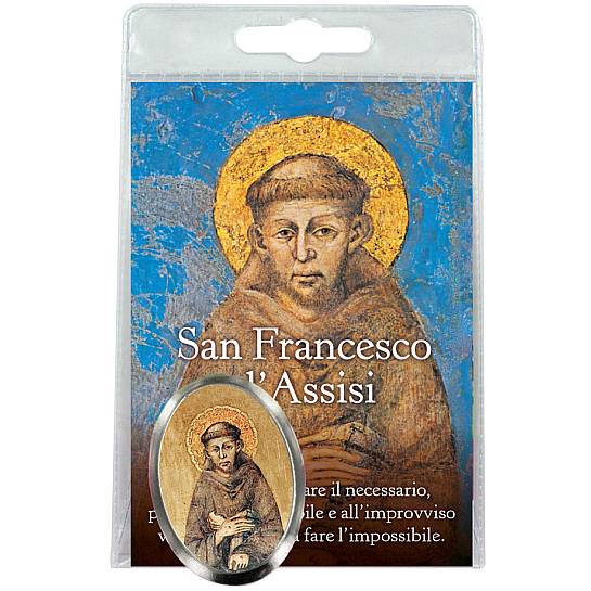 Calamita San Francesco d'Assisi in metallo nichelato con preghiera in italiano