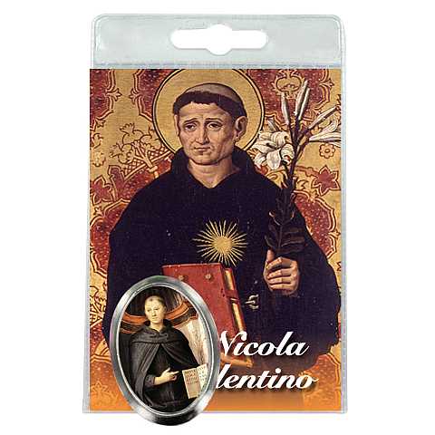 Calamita San Nicola da Tolentino in metallo nichelato con preghiera in italiano