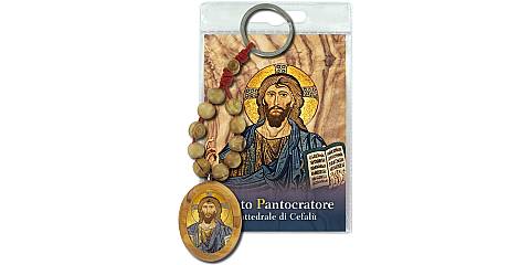 Portachiavi Cristo Pantocratore della Cattedrale di Cefalù con decina in ulivo e preghiera in italiano
