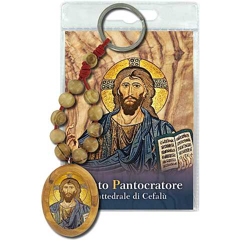 Portachiavi Cristo Pantocratore della Cattedrale di Cefalù con decina in ulivo e preghiera in italiano