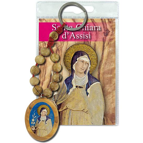 Portachiavi Santa Chiara con decina in ulivo e preghiera in italiano