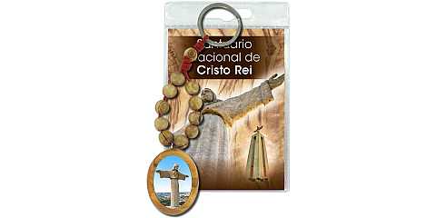 Portachiavi Cristo Rei con decina in ulivo e preghiera in portoghese