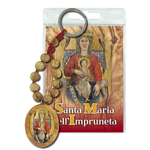 Portachiavi Santa Maria dell'Impruneta con decina in ulivo e preghiera in italiano