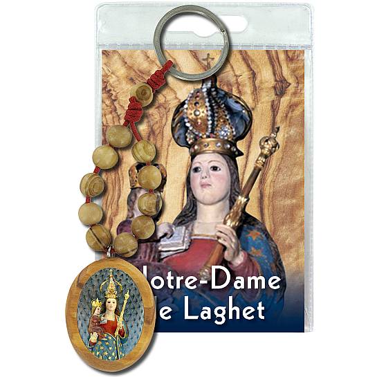 Portachiavi Notre Dame de Laghet con decina in ulivo e preghiera in francese