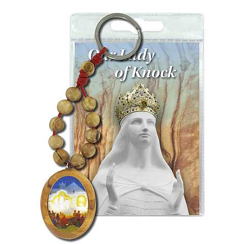 Portachiavi Our Lady of Knock con decina in ulivo e preghiera in inglese