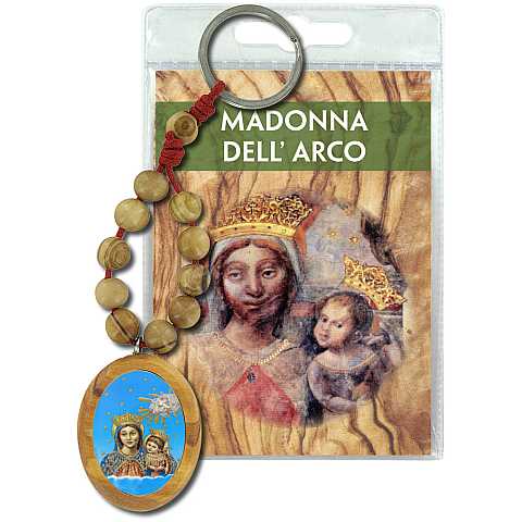 Portachiavi Santuario Madonna dell'Arco con decina in ulivo e preghiera in italiano