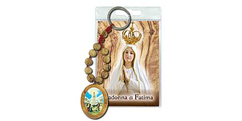 Portachiavi Madonna di Fatima con decina in ulivo e preghiera in italiano
