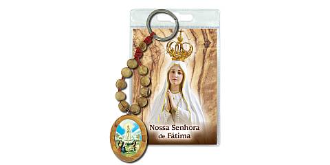 Portachiavi Madonna di Fatima con decina in ulivo e preghiera in portoghese