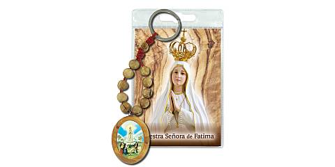 Portachiavi Madonna di Fatima con decina in ulivo e preghiera in spagnolo