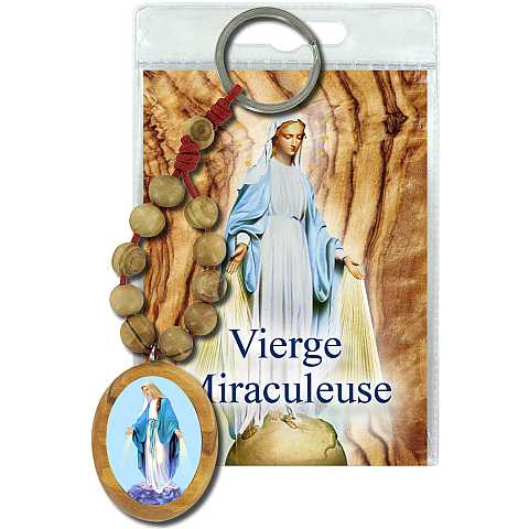 Portachiavi Madonna Miracolosa con decina in ulivo e preghiera in francese