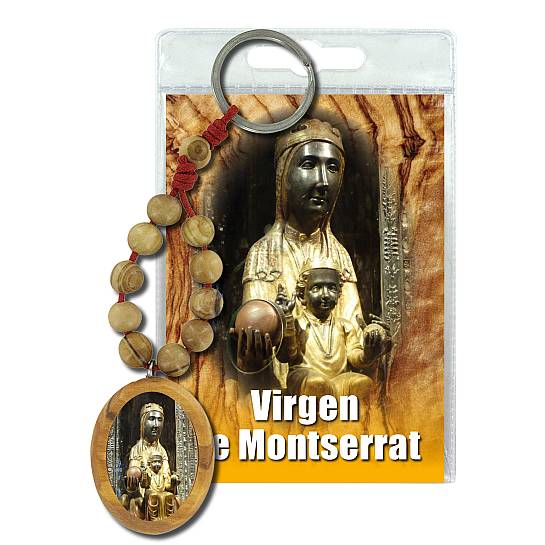 Portachiavi Madonna di Montserrat con decina in ulivo e preghiera in spagnolo
