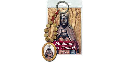 Portachiavi Madonna di Tindari con decina in ulivo e preghiera in italiano