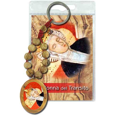 Portachiavi Madonna del Transito con decina in ulivo e preghiera in italiano
