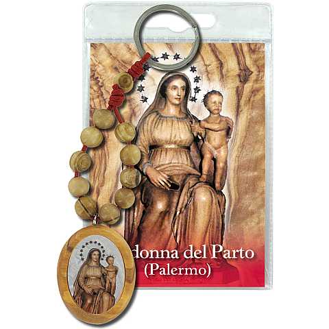 Portachiavi Madonna del Parto con decina in ulivo e preghiera in italiano