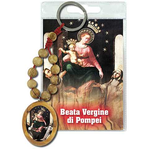 Portachiavi Madonna di Pompei con decina in ulivo e preghiera in italiano