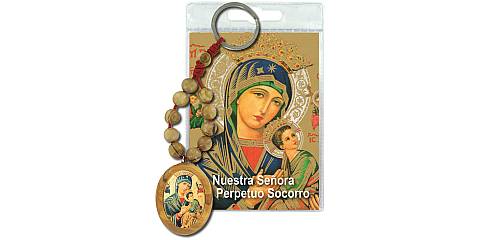 Portachiavi Madonna di Perpetuo Soccorso con decina in ulivo e preghiera in español