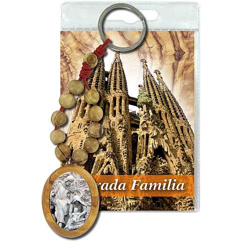 Portachiavi Sagrada Familia Barcelona con decina in ulivo e preghiera in spagnolo