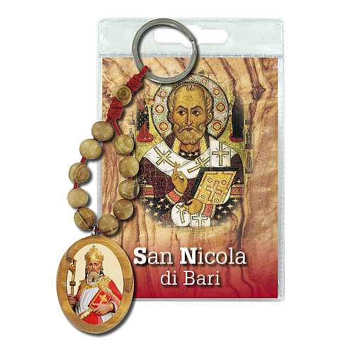Portachiavi San Nicola di Bari con decina in ulivo e preghiera in italiano