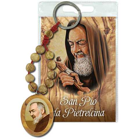 Portachiavi San Pio con decina in ulivo e preghiera in italiano