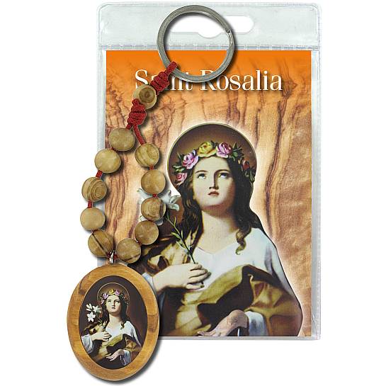 Portachiavi Santa Rosalia con decina in ulivo e preghiera in inglese