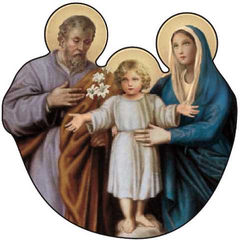Immagine della Sacra Famiglia sagomata su legno mdf con appoggio - 7,3 x 7,3 cm