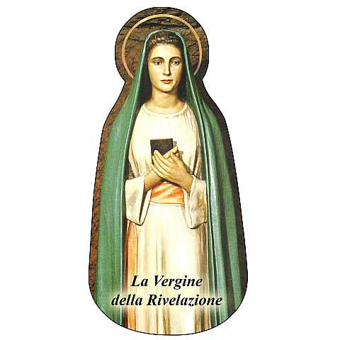 Immagine della Madonna della Rivelazione sagomata su legno mdf con appoggio - 4,3 x 8,5 cm
