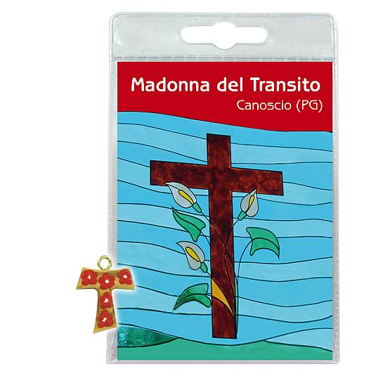 Blister B) Madonna del Transito con croce tau in ulivo e fiori - italiano