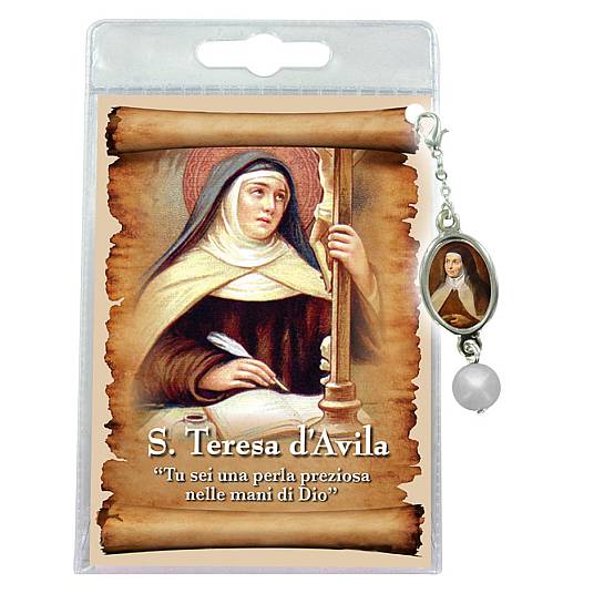 Blister con ciondolo medaglia e perla Santa Teresa Avila - italiano
