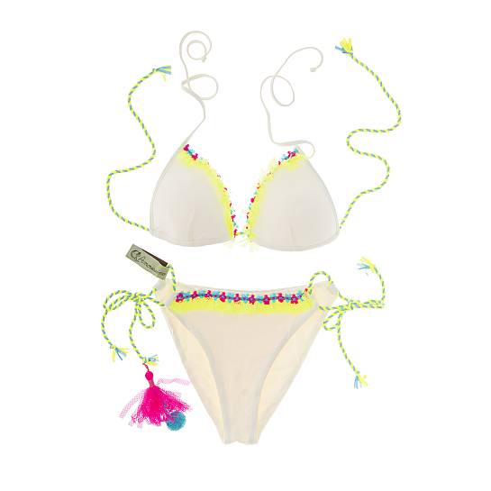 Bikini Triangolo ''Carolina Aloha'', Color Crema e Dettagli Fluo, Taglia S, IT 40