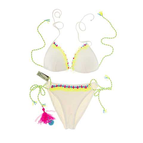 Bikini Triangolo ''Carolina Aloha'', Color Crema e Dettagli Fluo, Taglia M, IT 42