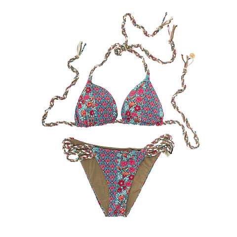 Bikini Triangolo ''Myriam Jakarta'', Bicolore Fantasia e Color Terra, Taglio alla Brasiliana, Taglia M, IT 42