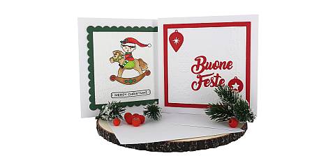 Biglietti di auguri per Natale fatti a mano, in cartoncino, con busta, scritte Buone Feste e Merry Christmas (confezione 2 biglietti)