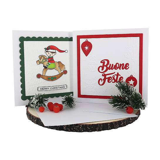 Biglietti di auguri per Natale fatti a mano, in cartoncino, con busta, scritte Buone Feste e Merry Christmas (confezione 2 biglietti)