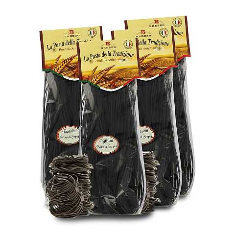 4 Confezioni Di Tagliolini Al Nero Di Seppia, Pasta Artigianale Di Grano Duro, Singola Confezione: 250 Grammi