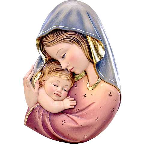 Rilievo della Madonna con Bambino da Parete, Legno in 3 Toni di Marrone, Linea da 24 Cm Circa - Demetz Deur